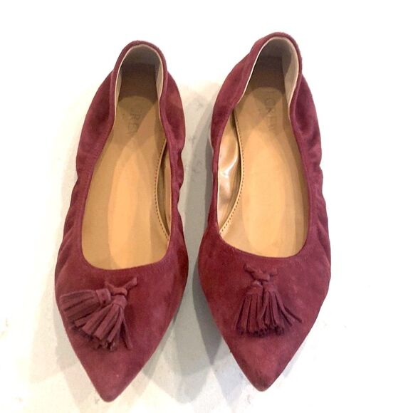 J. Crew Lottie Pointy Toe Tasseled Burgundy Suede Leather Ballet flats 8.5 - Picture 1 of 5
